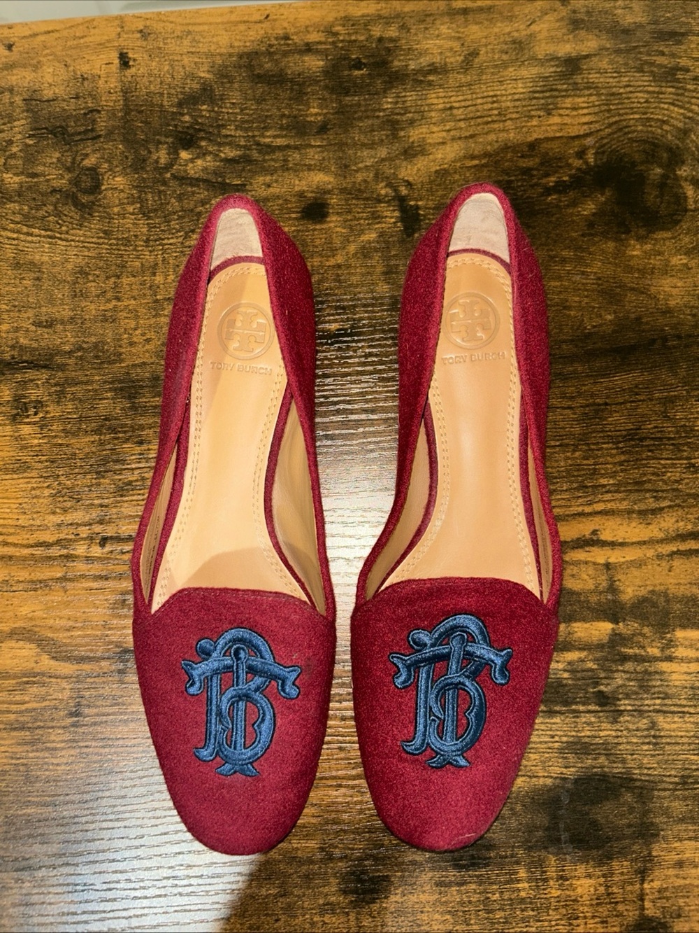 Tory Burch Burgundy Flats with Navy Embroidered Monogram 7.5